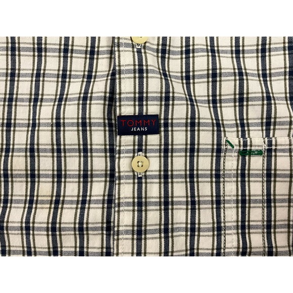 Men’s Tommy Jeans Size Large Button Up Blue White Denim Style Plaid Button Up - Picture 8 of 12